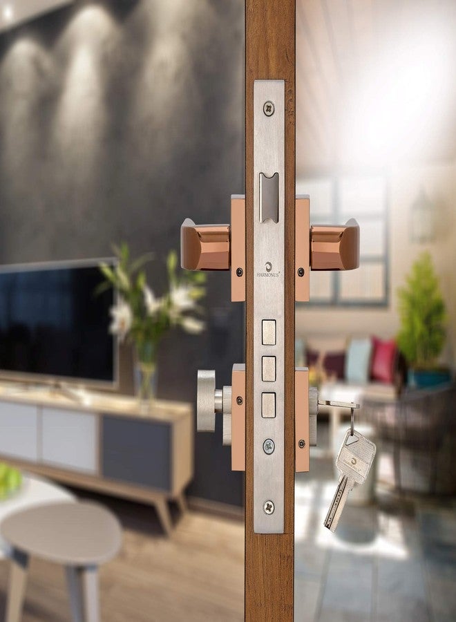 HARMONUS Zinc Alloy Mortise Door Lock Handle/Rose Mortice Handle with Lock Body/Zinc Alloy Weather Proof with 70mm Cylinder Computeries- 3 Keys (PVD Rose Gold/HI-5179) - Image 2